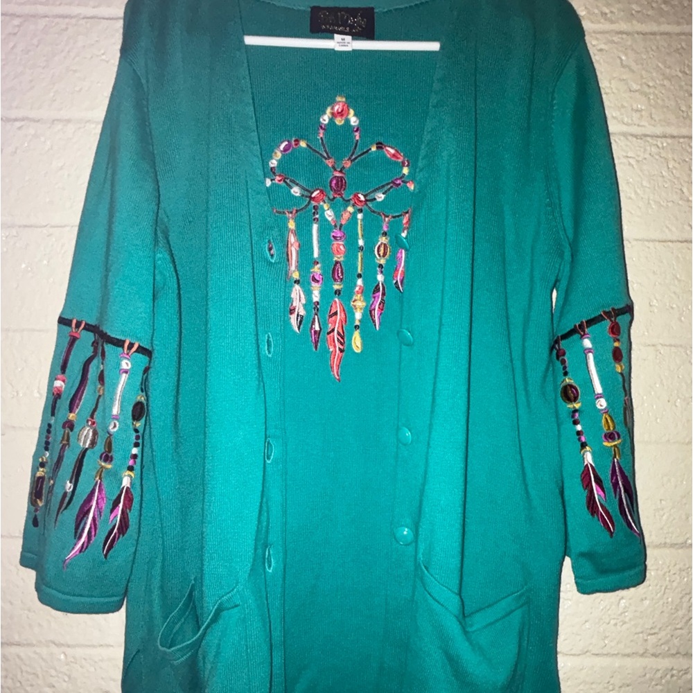 Bob Mackie Wearable Art Teal Green with Embroidery Native Indigenous Cardigan